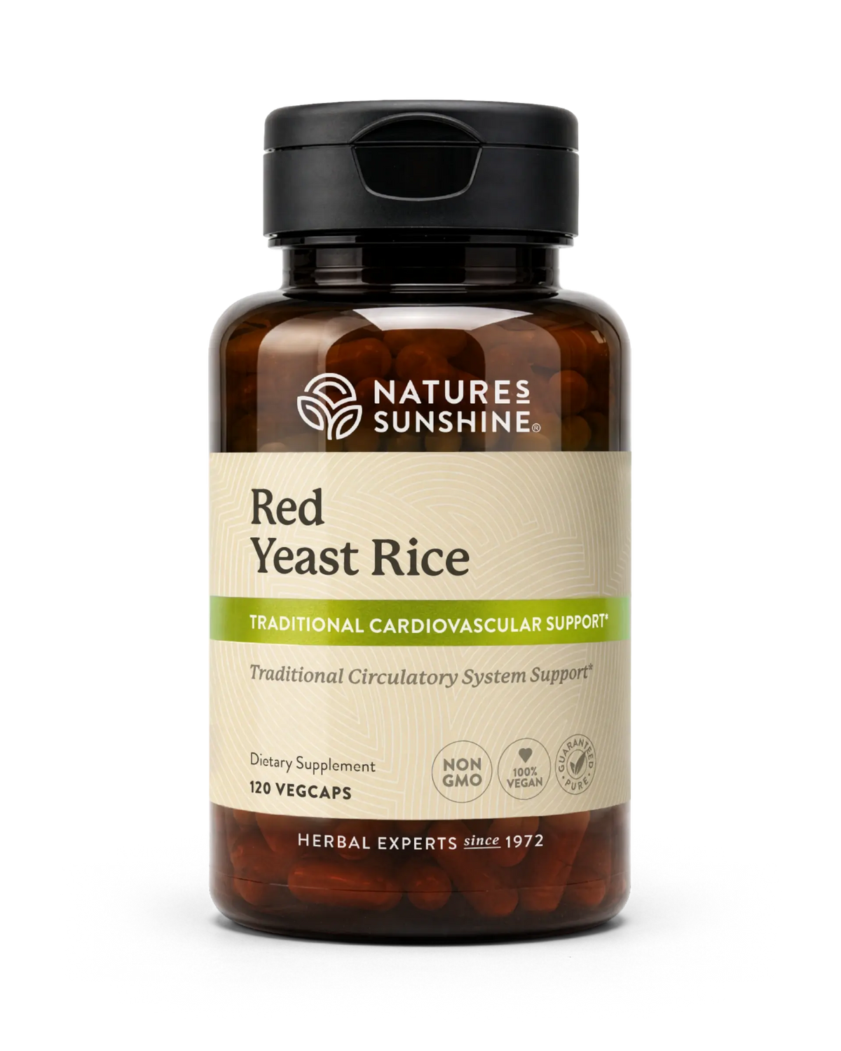 A bottle of Natures Sunshine Red Yeast Rice dietary supplement, containing 120 vegcaps, shown on a clean white background.
