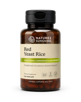 A bottle of Natures Sunshine Red Yeast Rice dietary supplement, containing 120 vegcaps, shown on a clean white background.