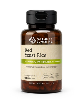 A bottle of Natures Sunshine Red Yeast Rice dietary supplement, containing 120 vegcaps, shown on a clean white background.