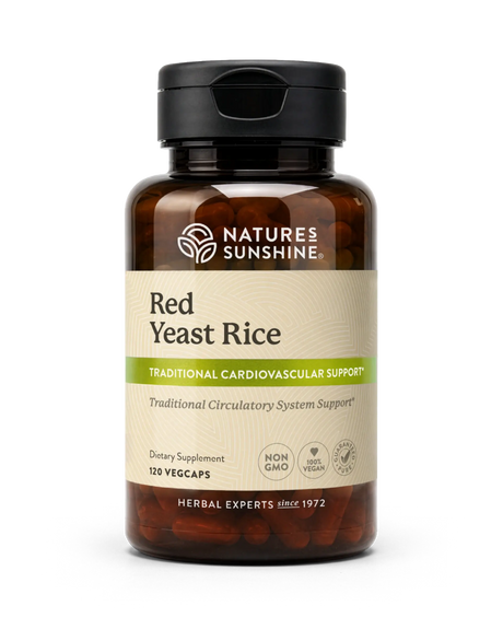 A bottle of Natures Sunshine Red Yeast Rice dietary supplement, containing 120 vegcaps, shown on a clean white background.