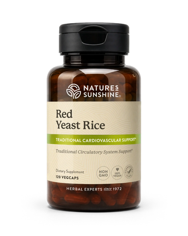 A bottle of Natures Sunshine Red Yeast Rice dietary supplement, containing 120 vegcaps, shown on a clean white background.