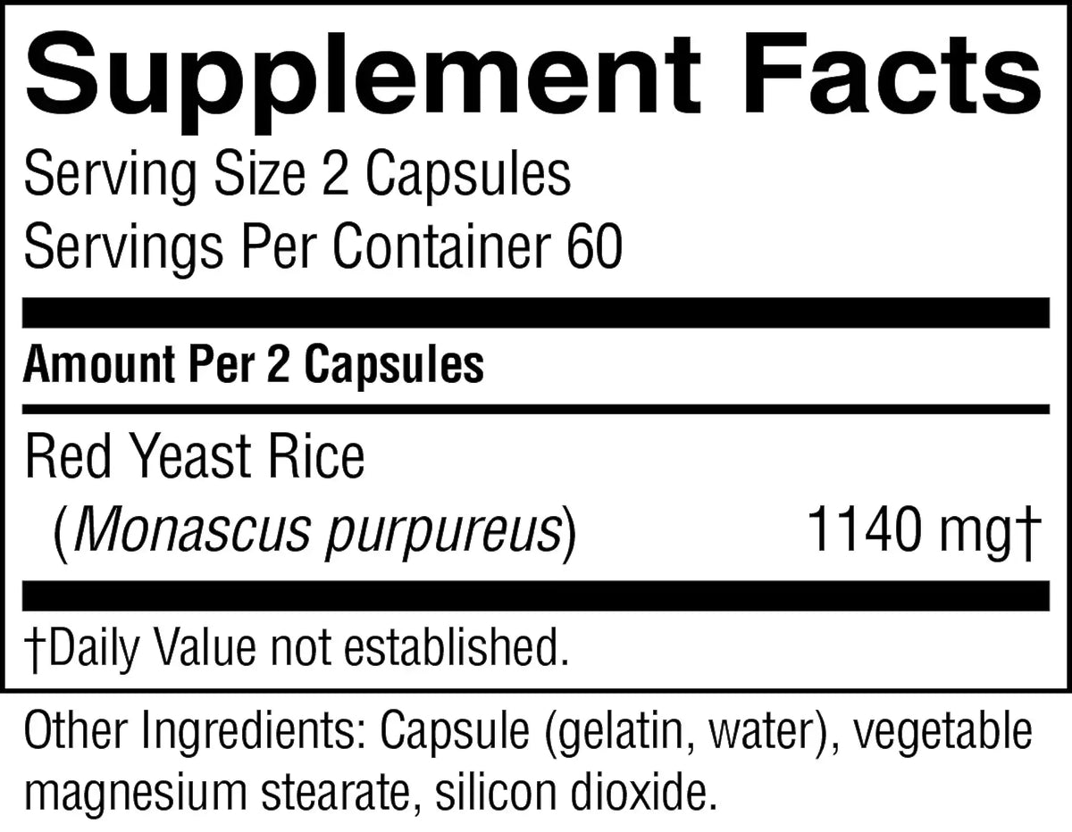 A close-up of a supplement facts label showing 'Supplement Facts' for Red Yeast Rice (Monascus purpureus) with 1140 mg, serving size 2 capsules, on a white background.