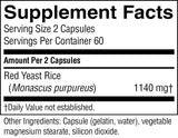A close-up of a supplement facts label showing 'Supplement Facts' for Red Yeast Rice (Monascus purpureus) with 1140 mg, serving size 2 capsules, on a white background.