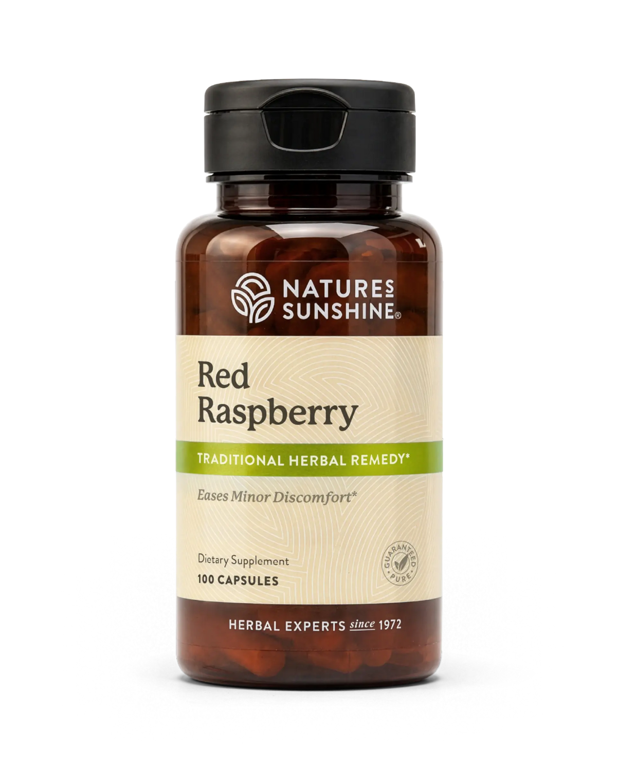 A bottle of Nature's Sunshine Red Raspberry dietary supplement with a black cap and amber-brown bottle, on a clean white background.