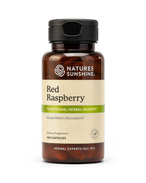 A bottle of Nature's Sunshine Red Raspberry dietary supplement with a black cap and amber-brown bottle, on a clean white background.