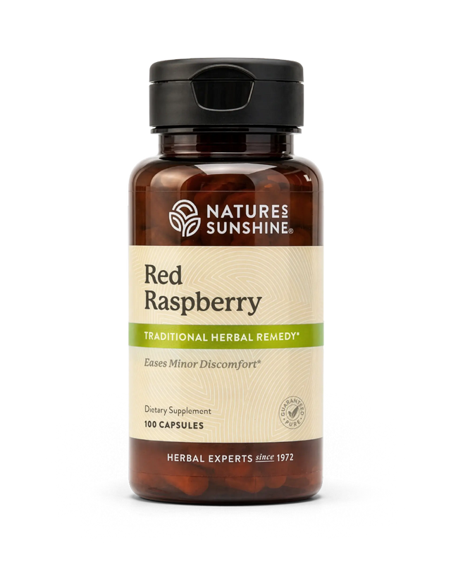 A bottle of Nature's Sunshine Red Raspberry dietary supplement with a black cap and amber-brown bottle, on a clean white background.