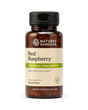 A bottle of Nature's Sunshine Red Raspberry dietary supplement with a black cap and amber-brown bottle, on a clean white background.