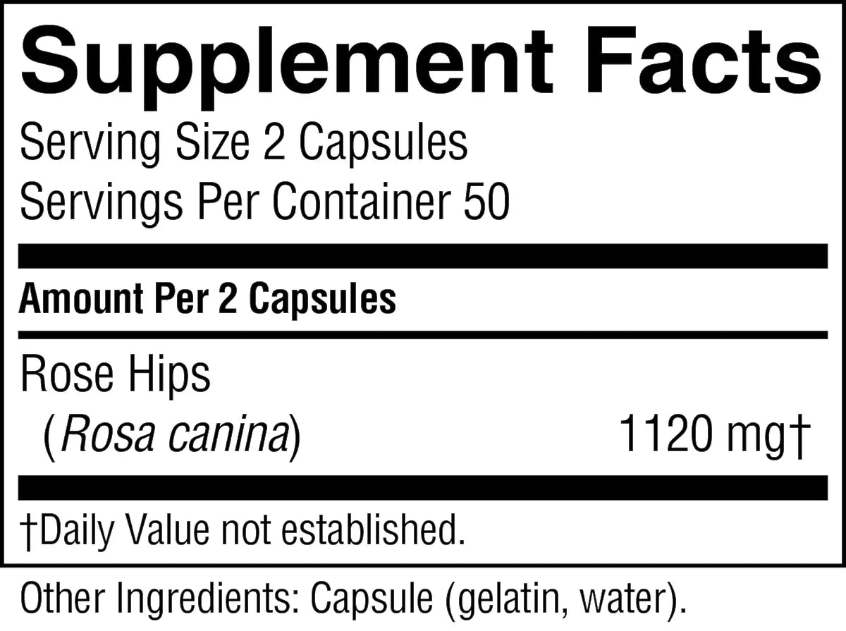 A close-up of a supplement facts label showing 'Supplement Facts' for Rose Hips (Rosa canina) with dosage 1120 mg and serving size 2 capsules.