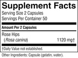 A close-up of a supplement facts label showing 'Supplement Facts' for Rose Hips (Rosa canina) with dosage 1120 mg and serving size 2 capsules.