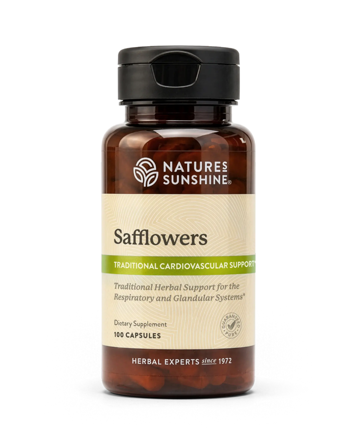 A bottle of Nature's Sunshine Safflowers dietary supplement with amber brown plastic and a black cap, on a clean white background.