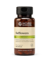 A bottle of Nature's Sunshine Safflowers dietary supplement with amber brown plastic and a black cap, on a clean white background.