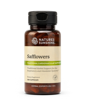 A bottle of Nature's Sunshine Safflowers dietary supplement with amber brown plastic and a black cap, on a clean white background.