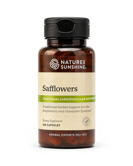 A bottle of Nature's Sunshine Safflowers dietary supplement with amber brown plastic and a black cap, on a clean white background.
