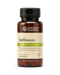 A bottle of Nature's Sunshine Safflowers dietary supplement with amber brown plastic and a black cap, on a clean white background.