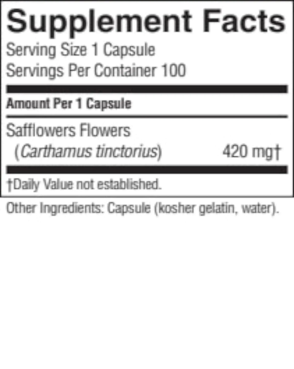 A close-up of a supplement facts label showing 'Supplement Facts' text, serving size 1 capsule, 100 servings per container, and 'Safflower Flowers (Carthamus tinctorius) 420 mg†'.