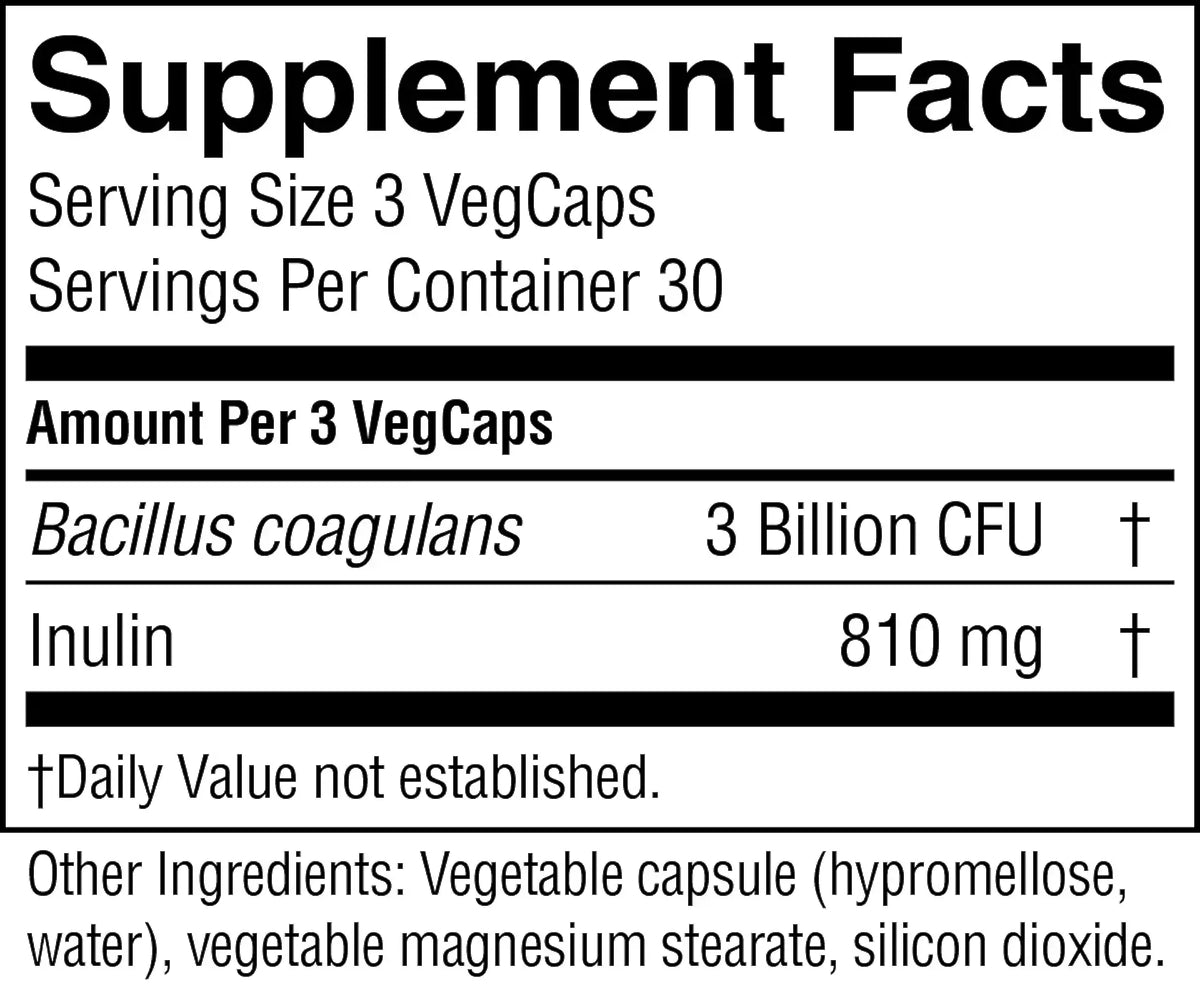 Supplement facts label with Bacillus coagulans and Inulin information