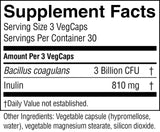 Supplement facts label with Bacillus coagulans and Inulin information