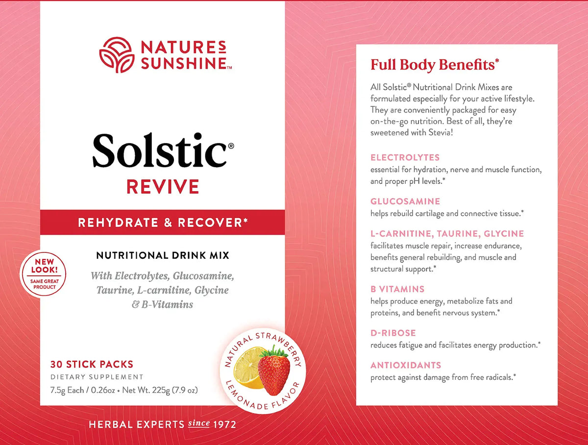 Natures Sunshine Solstic Revive nutritional drink mix package, featuring a red and white design with text detailing full body benefits and product ingredients.