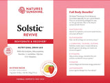 Natures Sunshine Solstic Revive nutritional drink mix package, featuring a red and white design with text detailing full body benefits and product ingredients.