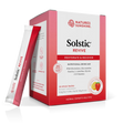 A box of Nature's Sunshine Solstic Revive nutritional drink mix with a single stick pack leaning against the front left side, shown on a clean white background.