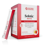 A box of Nature's Sunshine Solstic Revive nutritional drink mix with a single stick pack leaning against the front left side, shown on a clean white background.