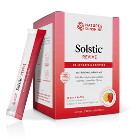 A box of Nature's Sunshine Solstic Revive nutritional drink mix with a single stick pack leaning against the front left side, shown on a clean white background.