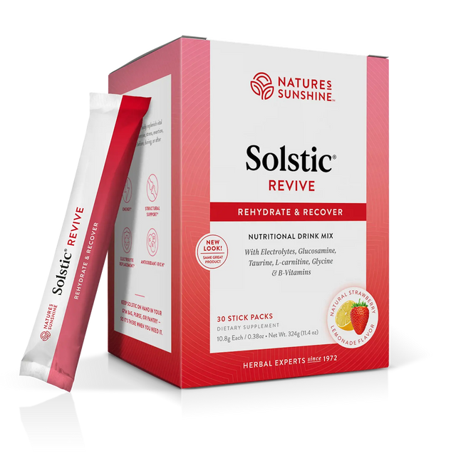 A box of Nature's Sunshine Solstic Revive nutritional drink mix with a single stick pack leaning against the front left side, shown on a clean white background.