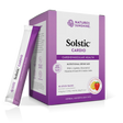 Nature's Sunshine Solstic Cardiovascular Health dietary supplement box in purple and white packaging, with one single stick pack leaning against the front of the box on a clean white background.