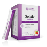 Nature's Sunshine Solstic Cardiovascular Health dietary supplement box in purple and white packaging, with one single stick pack leaning against the front of the box on a clean white background.