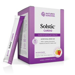 Nature's Sunshine Solstic Cardiovascular Health dietary supplement box in purple and white packaging, with one single stick pack leaning against the front of the box on a clean white background.