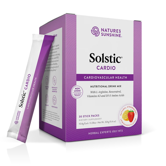 Nature's Sunshine Solstic Cardiovascular Health dietary supplement box in purple and white packaging, with one single stick pack leaning against the front of the box on a clean white background.