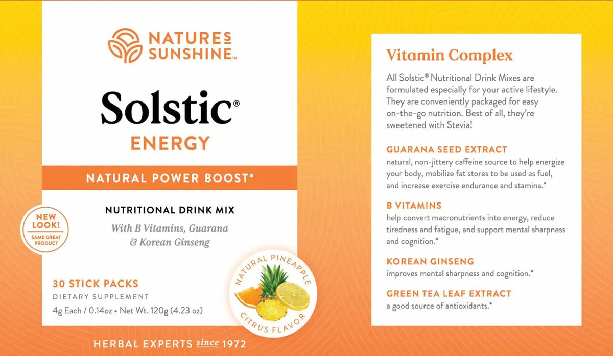 Natures Sunshine Solstic Energy Natural Power Boost Nutritional Drink Mix packaging card for citrus flavor, showing product details, ingredients, and a pineapple graphic on a white and yellow-orange background.