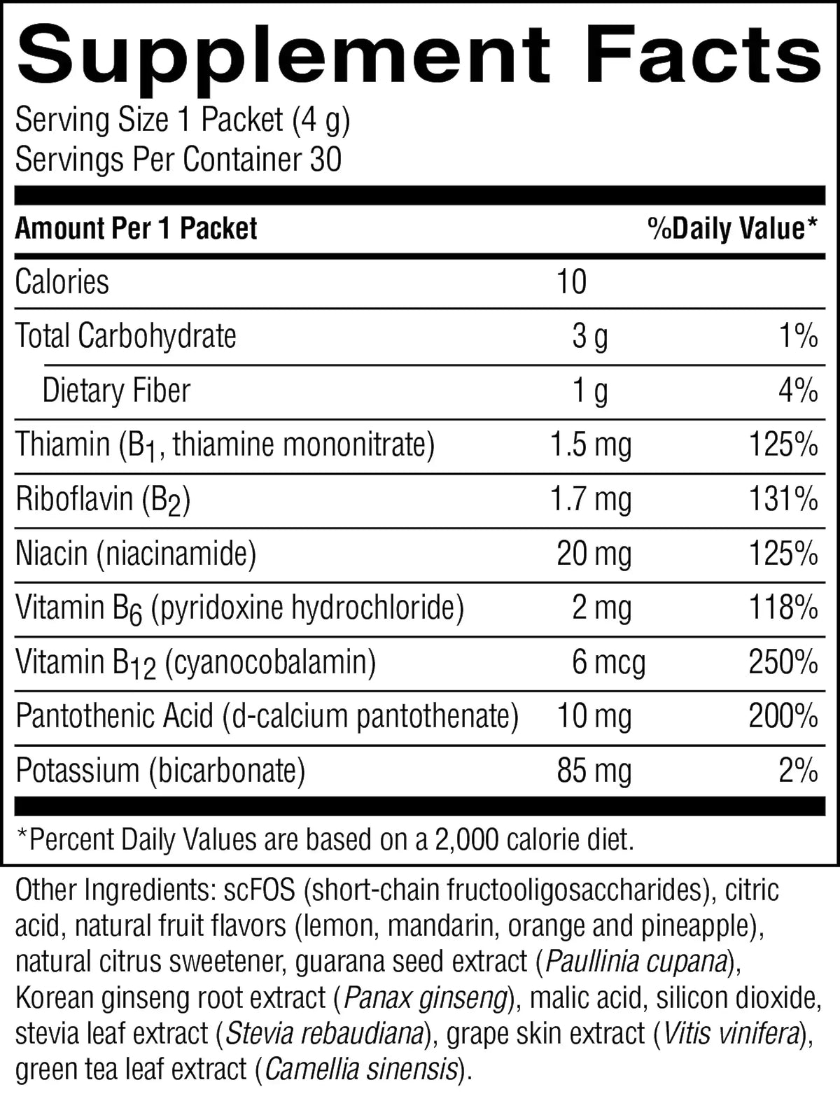 A black-and-white Supplement Facts label showing a nutrition table for a supplement packet, with serving size 1 packet and listed nutrients such as calories, total carbohydrate, dietary fiber, thiamin, riboflavin, niacin, vitamin B6, vitamin B12, pantothenic acid, and potassium.