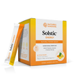 A box of Nature's Sunshine Solstic Energy Natural Power Boost dietary drink mix, shown with one single stick pack standing beside it on a clean white background.