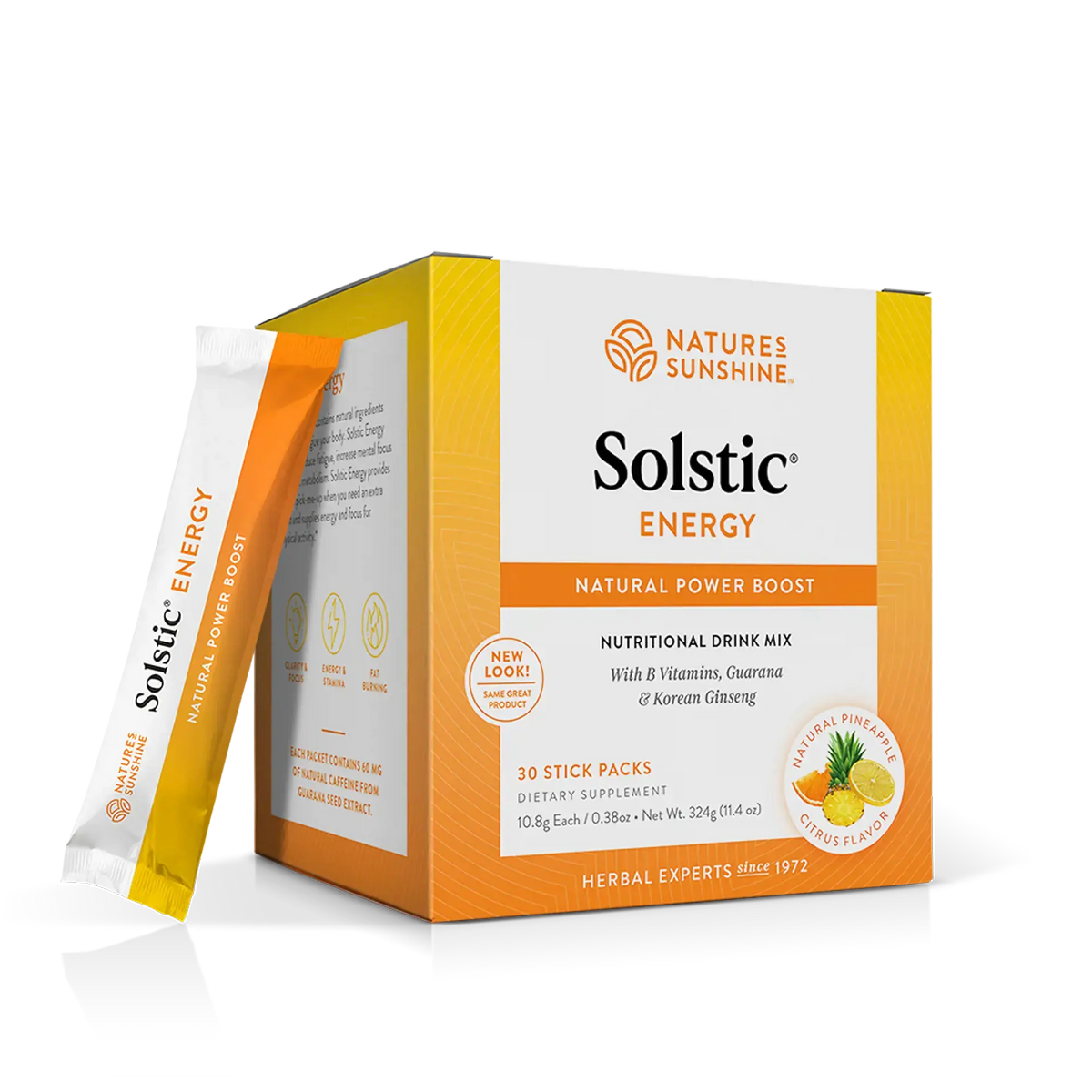 A box of Nature's Sunshine Solstic Energy Natural Power Boost dietary drink mix, shown with one single stick pack standing beside it on a clean white background.