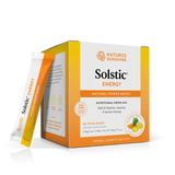 A box of Nature's Sunshine Solstic Energy Natural Power Boost dietary drink mix, shown with one single stick pack standing beside it on a clean white background.