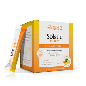 A box of Nature's Sunshine Solstic Energy Natural Power Boost dietary drink mix, shown with one single stick pack standing beside it on a clean white background.