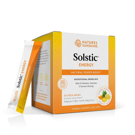 A box of Nature's Sunshine Solstic Energy Natural Power Boost dietary drink mix, shown with one single stick pack standing beside it on a clean white background.