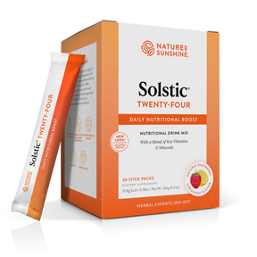 Nature's Sunshine Solstic Twenty-Four daily nutritional drink mix box with one stick pack leaning against it on a clean white background.