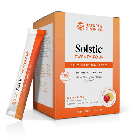 Nature's Sunshine Solstic Twenty-Four daily nutritional drink mix box with one stick pack leaning against it on a clean white background.