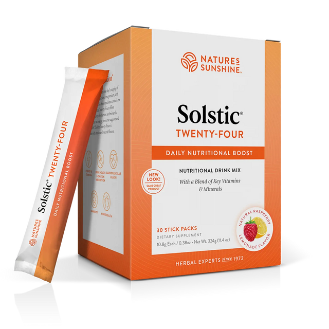 Nature's Sunshine Solstic Twenty-Four daily nutritional drink mix box with one stick pack leaning against it on a clean white background.