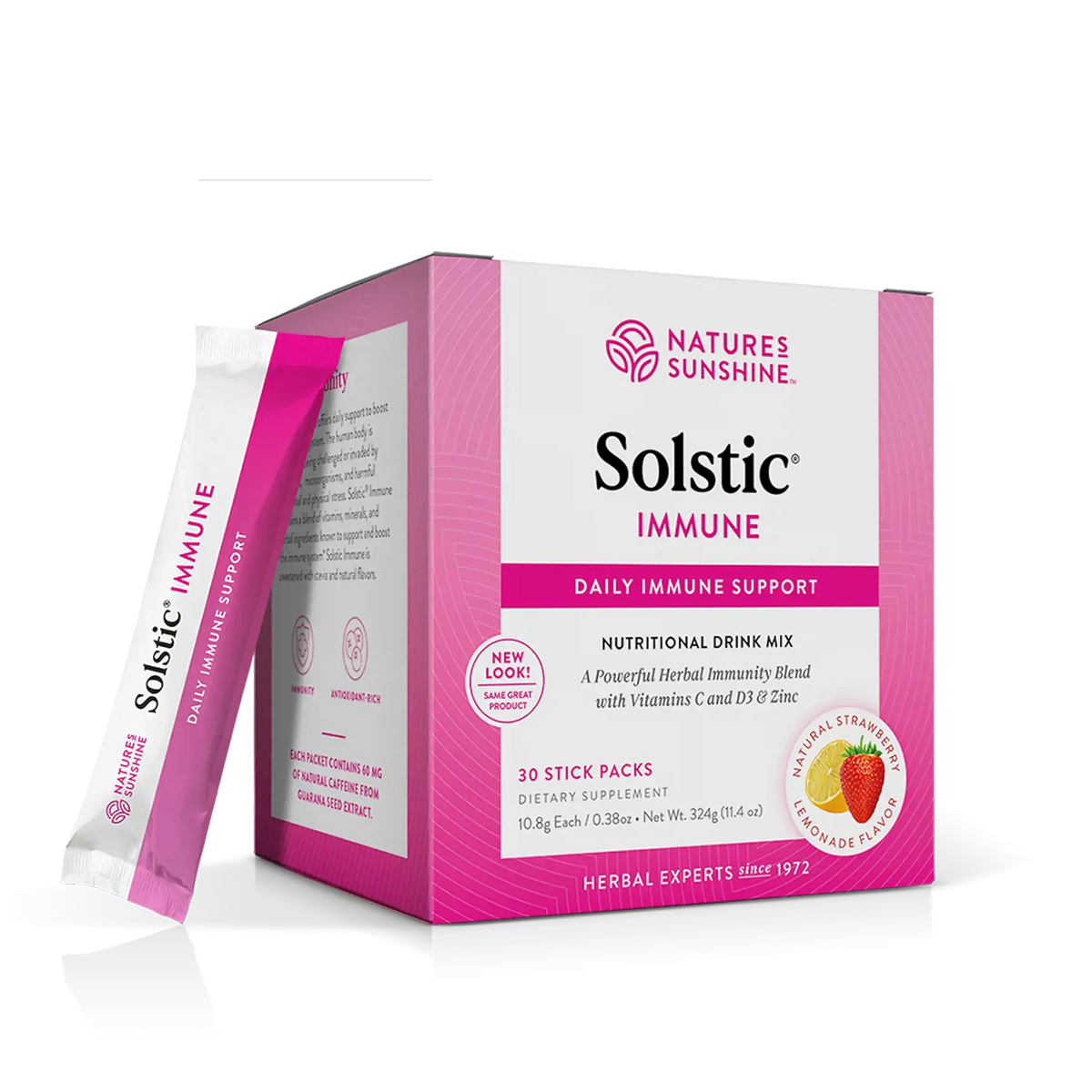 Nature's Sunshine Solstic Immune Daily Immune Support box in pink and white packaging, with one single stick pack standing in front on a clean white background.