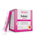 Nature's Sunshine Solstic Immune Daily Immune Support box in pink and white packaging, with one single stick pack standing in front on a clean white background.