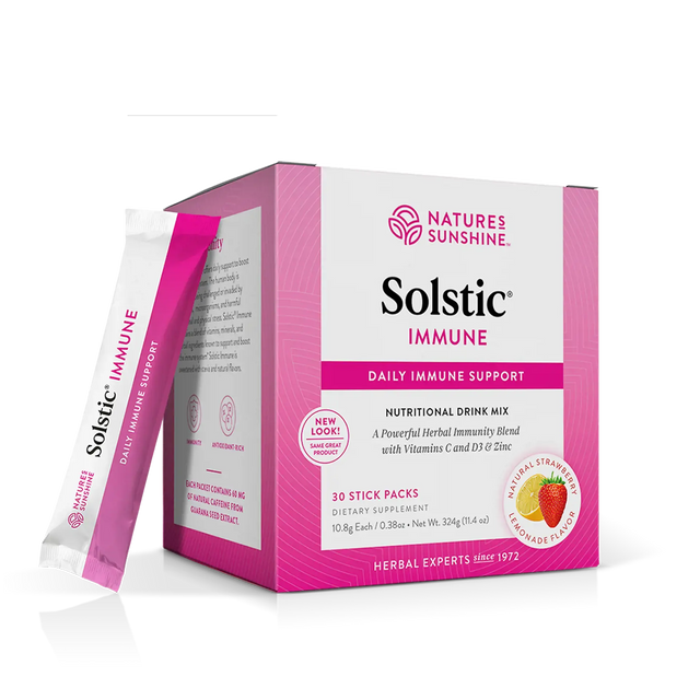 Nature's Sunshine Solstic Immune Daily Immune Support box in pink and white packaging, with one single stick pack standing in front on a clean white background.