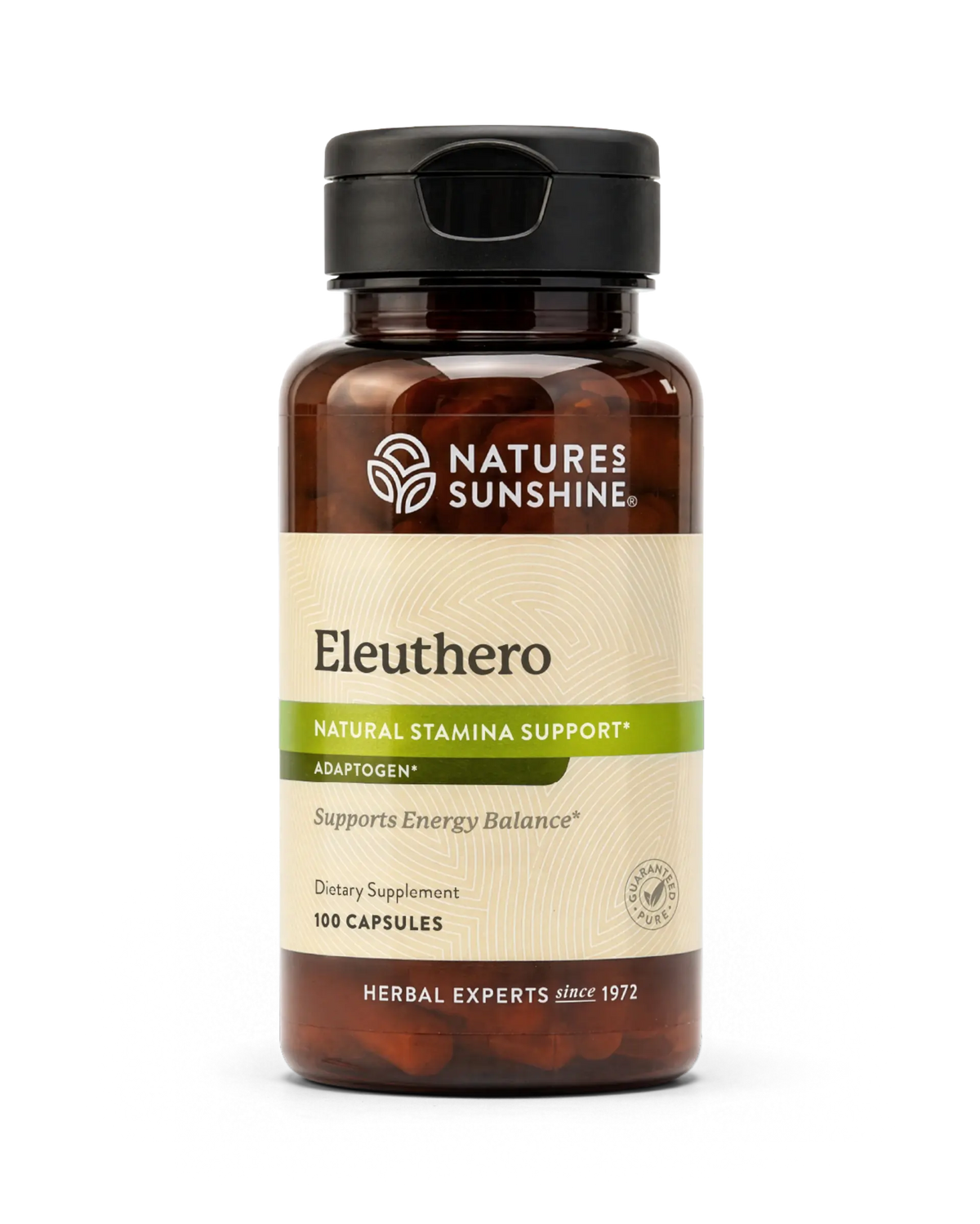 A bottle of Nature's Sunshine Eleuthero dietary supplement, containing 100 capsules, on a clean white background.