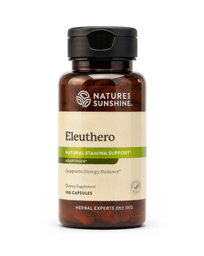 A bottle of Nature's Sunshine Eleuthero dietary supplement, containing 100 capsules, on a clean white background.