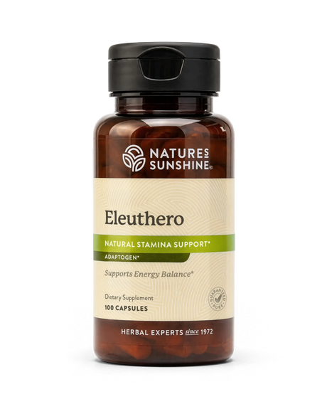 A bottle of Nature's Sunshine Eleuthero dietary supplement, containing 100 capsules, on a clean white background.