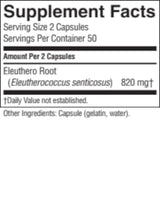 A close-up of a supplement facts label showing 'Supplement Facts' for Eleuthero Root, with serving size 2 capsules, 50 servings per container, and 820 mg listed on a white background.