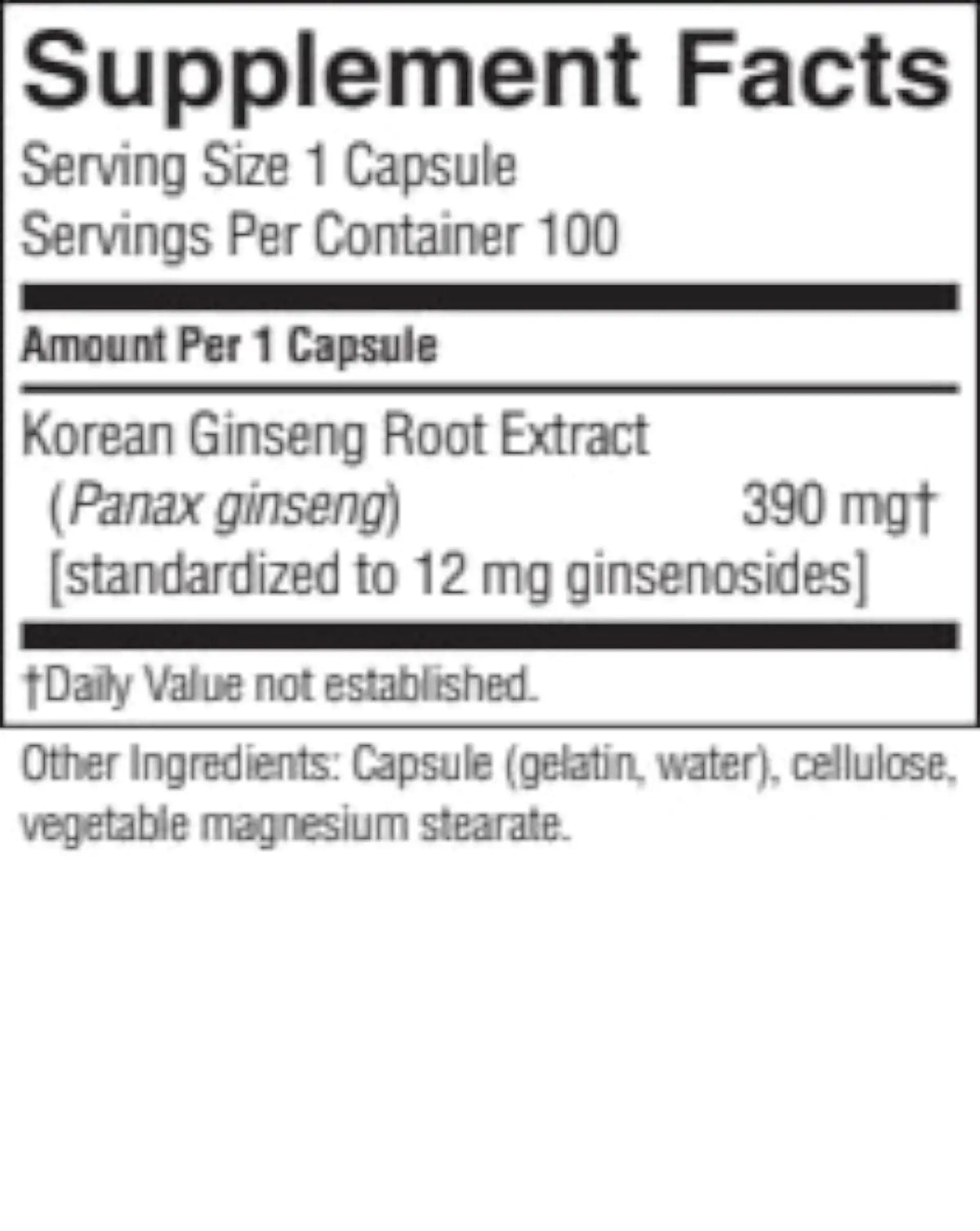 A close-up of a supplement facts label showing Korean Ginseng Root Extract, 390 mg, with serving size 1 capsule and 100 servings per container.