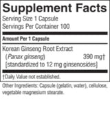A close-up of a supplement facts label showing Korean Ginseng Root Extract, 390 mg, with serving size 1 capsule and 100 servings per container.